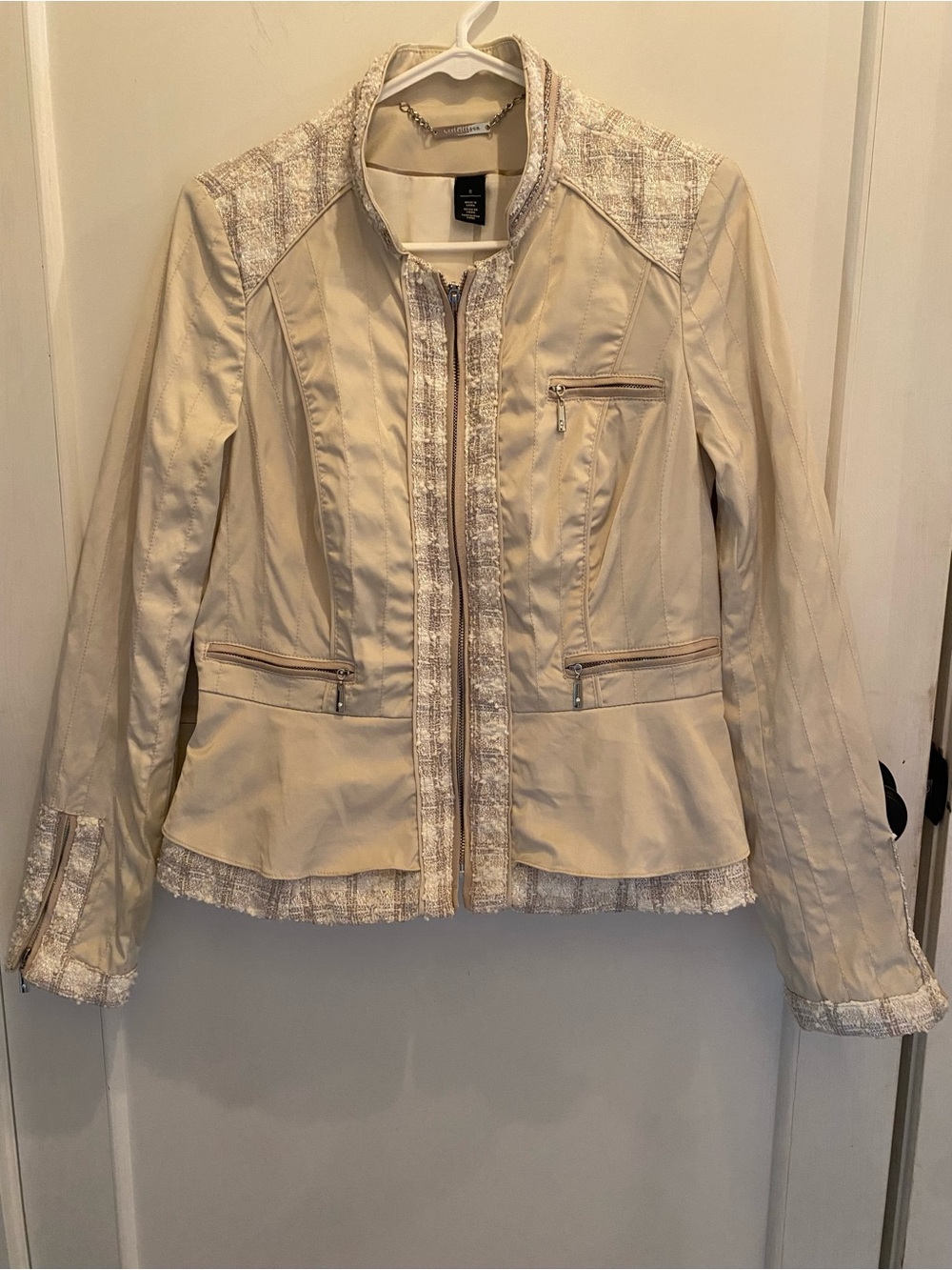WHBM Cream Zip-Front Jacket with Tweed Bouclé Trim